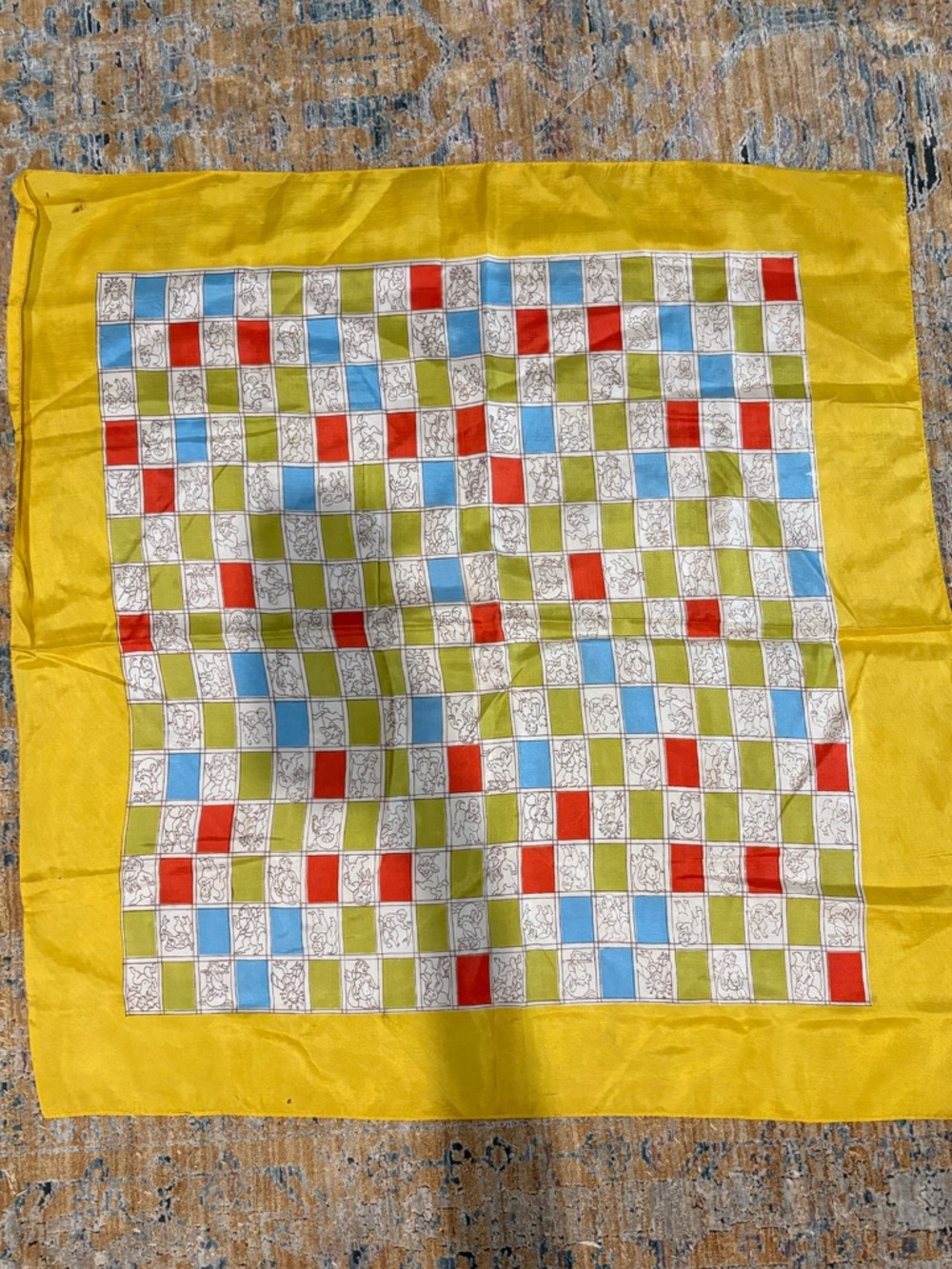 Vintage 60’s Yellow Checkerboard Silk Scarf with Red, Blue, and Green Accents